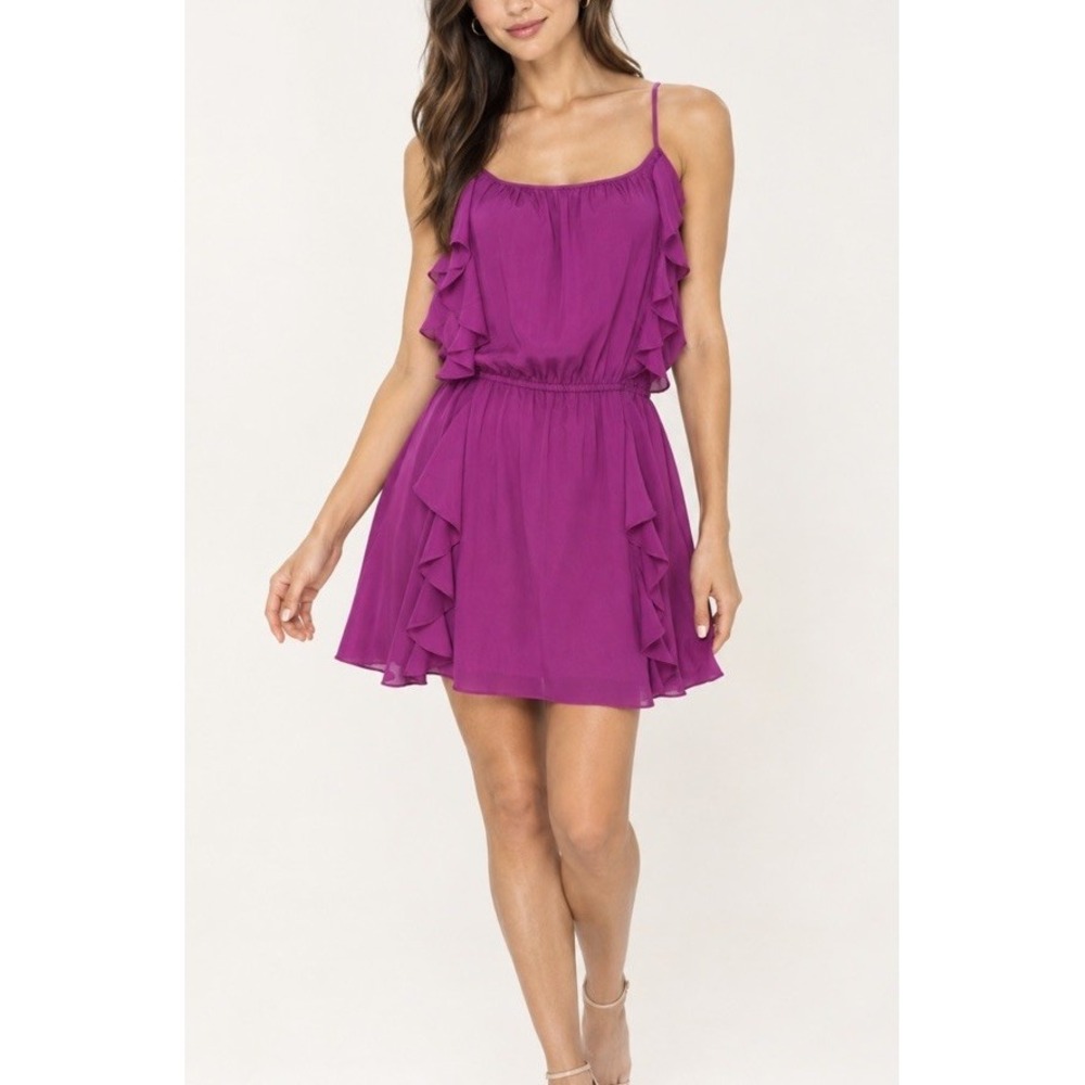 Parker Women's  Purple Ruffle Mini Dress Sz M Spaghetti Strap Elastic Waist Silk